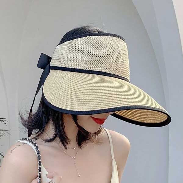여성스러운 돌돌이 라탄 모자 여름 썬캡 썬바이져 햇빛 자외선 차단 (베이지 브라운) 버킷햇 플로피햇
