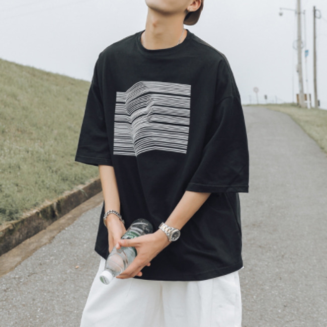 심플 프린팅 남녀공용 남자 오버핏 반팔 티셔츠 여름 (블랙 화이트)